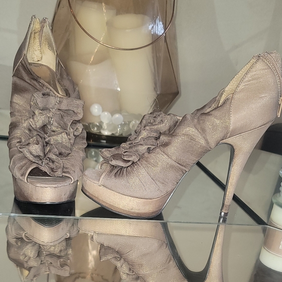 Brown with gold tone ruffle ankle boot - Picture 2 of 2